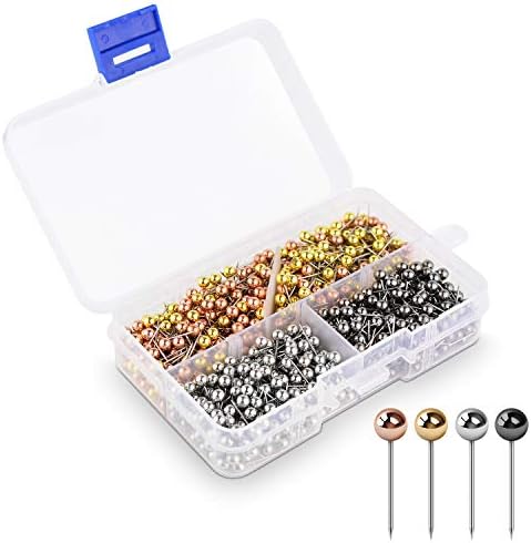 1000 Pieces Map Tacks, Retro Metallic Color Beads Head Marking Push Pins,1/8 inch Round Head with Stainless Point,4Assorted Colors (Each Color 250PCS) (4 Colors)