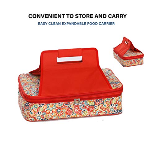 Picnic Plus 18" Casserole Carrier 2 Level Thermal Insulated Hot and Cold Food Carrier Double Layer Food Carrier Bag Potluck Carrier With Bonus Containers (Sunlight Bloom)