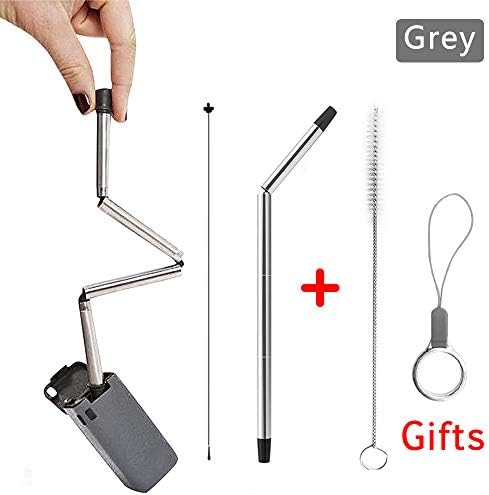 Collapsible Straws,Reusable Stainless Steel Folding Drinking Straw,Foldable Straws Keychain with Two Cleaning Brushes Perfect for Travel Outdoor Household with Keychain Gifts(Gray)
