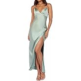 Yixinjew Summer Satin Spaghetti Strap Backless Maxi Dress for Women Formal Silk Tie Back Wedding Guest Dress with Slit