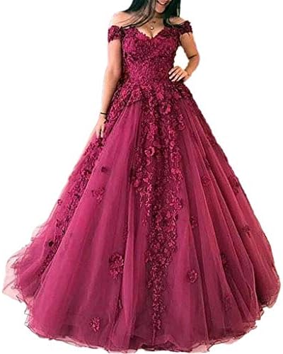 Mauwey Women's 2019 New Off The Shoulder Beaded Lace Tulle Flowers Ball Gown Evening Party Prom Formal Gown Dresses