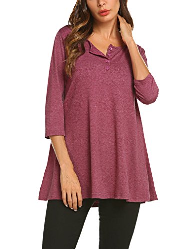 Qearal Women's Long Sleeve Scoop Neck Button Tunic Top M Wine Red