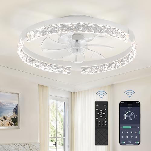 LEDIARY 20 Inch Low Profile Ceiling Fans with Lights and Remote, Fandelier Ceiling Fan Flush Mount, 3000K-6000K Dimmable LED Fan Light, White Modern Ceiling Fans with Lights for Bedroom