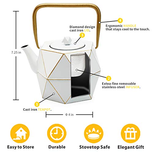 Tea Kettle, TOPTIER Japanese Cast Iron Teapot with Stainless Steel Infuser, Cast Iron Tea Kettle Stovetop Safe, Diamond Design Teapot Coated with Enameled Interior for 30 oz (900 ml), Christmas White