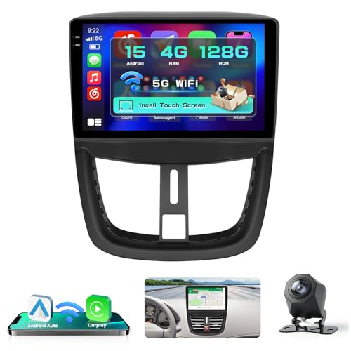 Hikity Android 15 4+128GB Car Radio Carplay for Peugeot 207 2006-2010 Aves 9" Touch Screen Incell, Auto Radio Aves Wireless Carplay Android Auto, BT/WiFi/FM/RDS+Backup Camera+MIC