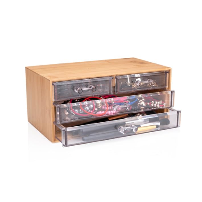UMKY Home Kit Compact Storage Wood and Plastic Cosmetic Box Organizer with 4 Drawers for Brushes Hairpins Eyeliner Lipstick Ideal for Dressing Table and Vanities