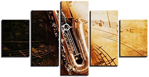 OUPDJ 5 canvas paintings Canvas Painting Living Room Wall Art 5 Pieces Saxophone Music Notes Pictures Decor Modular HD Prints Retro Poster work No frame