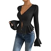 Women's V Neck Button Front Ribbed Knit Peplum Blouse – Flared Bell Sleeve Slim Fit Casual Daily Top