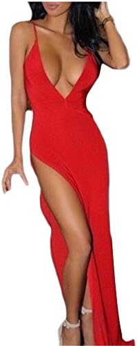 Keaac Women Sexy Plunge Neck Side Split Camis Low Back Dress Red M