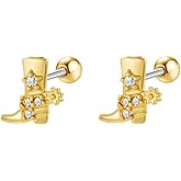 20g Western Cowgirl Boots CZ Small Tiny Stud Earrings for Women Men Cartilage Tragus Barbell Screw Back Cute Stainless Steel Gold Silver Plated Cowboy Boot Little Sleeper Piercing Studs Earring Fashion Jewelry Gifts