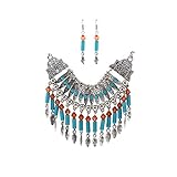 Ikevan Hot Selling Retro Multilayer Alloy Tassel Leaves Necklace Earring Set Sweater Chain Jewelry Accessories for Women Girls (Silver)