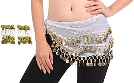 Gold Coins Belly Dance Chiffon Hip Scarf - Dance Belt &amp; Wrist Ankle Cuffs Bracelets