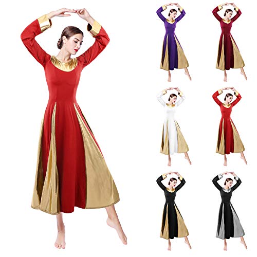 OwlFay Women Metallic Praise Dance Dress Long Sleeve Full Length Loose Fit Swing Gown Liturgical Tunic Skirt Worship Costume