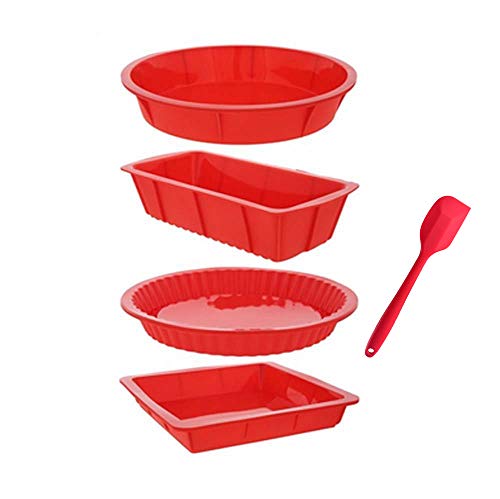 SmartKitch 5 Piece Silicone Bakeware Set - Nonstick Silicone Bakeware Set with Round and Square Pans, Pie Pan, Loaf Pan, Spatulas - Red, Sizes: 10.5", 9.5", 10"