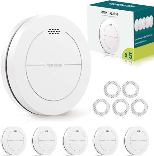 Safeliveo Rauchmelder 5er Set ohne Blinkende LED, mit 10 Jahre Batterie, mit Klebepads,Mute Funktion, 85 dB Alarmton, Standalone Flacher Brandmelder f