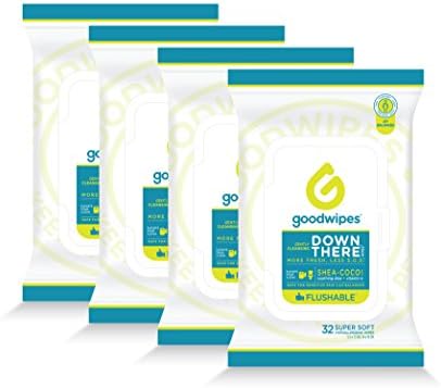 Down There Flushable Cleansing Wipes 4 Packs of 32 Wipes, 128 Total Wipes Womens Flow Pack (Shea Coco)