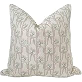 Jillien Harbor Throw Pillow for Home Millie Floral Pillow Cover Grandmillennial Pillow Cover 20" x 20" Grandmillennial Home Decor Beige Pillow Bows Scallops (Blue Piping)