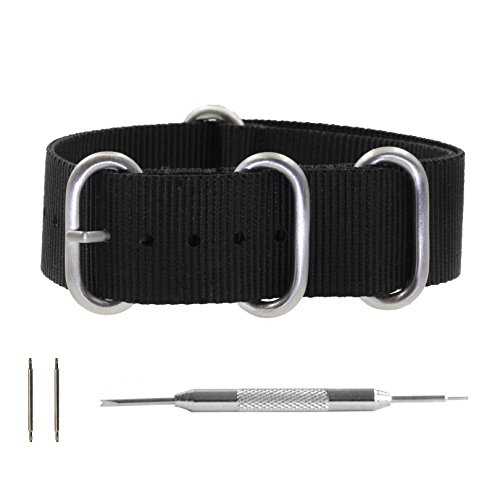 Benchmark Basics 20mm & 22mm Ballistic Nylon NATO-Style Zulu Watchband + Spring Bar Tool (Multiple Colors Available) (20mm, Black)