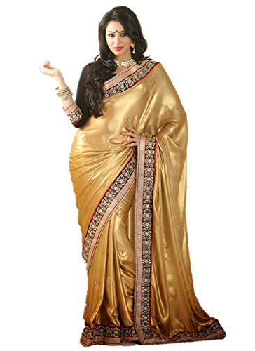 EthnicWear Indian Pakistani Women Golden Satin Party Wedding Traditional Cultural Saries Saree Saris