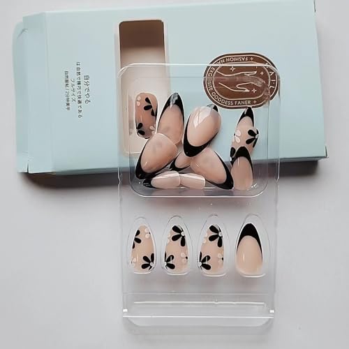 24 Pcs Spring Press on Nails Short Almond - YEFIUO Acrylic Fake Nails Press ons Black French Nail Art Tip Glue on Nails with Small Flowers Design Full Cover False Nails Stick on Nails Kit for Women - Image 4
