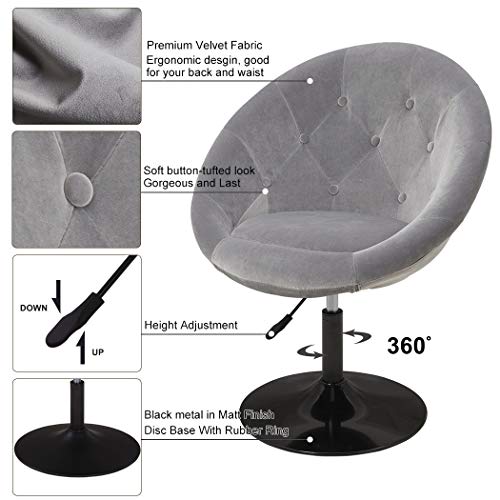 Duhome Velvet Accent Chairs, Lounge Chair Adjustable Modern Round Tufted Back Swivel Make-up Vanity Chair Light Grey