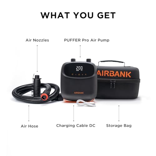 AIRBANK Electric Air Pump SUP Pump with Battery The Puffer Pro, Rechargeable Dual Stage Air Pump with Automatic Shut-off for Paddleboard, Wing Foil and Kite, Tent, Mattress