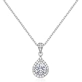 Sterling Silver Teardrop Cubic Zirconia Pendant Necklace, Crystal Halo Design, Wedding Anniversary Special Occasion Jewelry Gift for Women