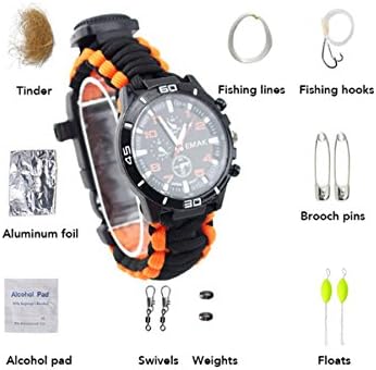 1Pcs Camping Watch 16 In 1 Multifunctional 9'' Orange &amp; Black Paracord Bracelet Sahara Sailor Outdoor Survival Kit W Compass Flint Fire Starter Scraper Whistle For Hiking Camping Emergency More