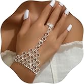 Chargances Bridal Crystal Finger Ring Bracelet Silver Rhinestone Hand Chain Bangle Wedding Hand Harness Hand Accessories for Women (Style 3)