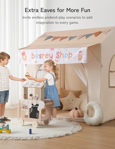 Besrey 2-in-1 Kids Play Tent with Canopy for Indoor and Outdoor Use with Lights, Bunting and Mat, Large Design for Reading and Creative Games - Ideal Christmas Gift for Kids