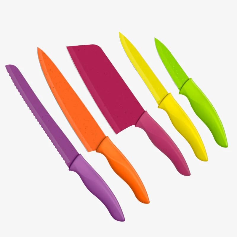 JadeCook Juego Set de Cuchillos Profesionales De Acero Inoxidable Doble Filo Paquete de 5 Cuchillos Colores Diferentes con Hoja Antiadherente