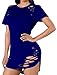 Pxmoda Women's O Neck Short Sleeve Ripped T Shirt Dress,Blue,X-Large