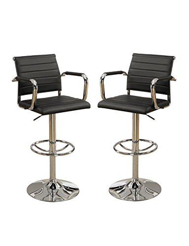 Poundex Bobkona Nara Adjustable Pu Bar Stool with Armrest, Black, Set of 2