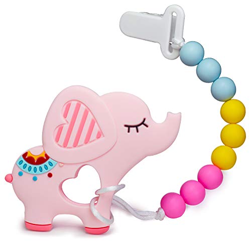 Pacifier Clip Dancing elephant Teether with Silicone Teething Beads for Boys and Girls