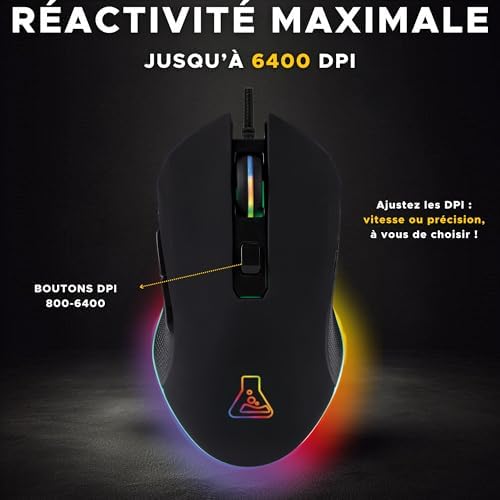 - Kult Helium Souris Gamer Filaire USB - Capteur Optique 800 à 6400 DPI, Rétroéclairage LED 7 Couleurs, 6 Boutons - Souris Gaming Confortable et Légère - Compatible PC PS4 Xbox One PS5