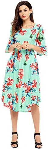Women's Casual Loose Pocket Dress Floral Summer Dress 3/4 Bell Sleeve Midi Swing Dress
