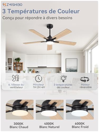 ZMISHIBO Ceiling Fan with Light Ø132 cm, Energy Efficient DC Motor, 6 Speed, 3 Color Temperatures (3000K/4000K/6000K), Modern Design, Ceiling Fan with Remote Control