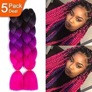 NAYOO 24inch Ombre Jumbo Braid Hair Extensions Synthetic High Temperature Fiber Kanekalon Braiding Hair 5pcs 50# (Dark-Purple-Rose carmine)