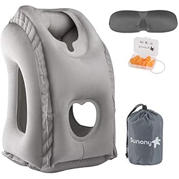 Sunany Inflatable Neck Pillow Used for Airplanes/Cars/Buses/Trains/Office Napping with Free Eye Mask/Earplugs (Gray), Small,
