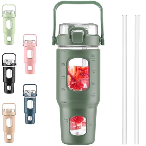 41acW7544nL Bluego 960Ml Trinkflasche Glas Mit Strohhalm Und Zeitmarkierung Halbe Gallone Große Motivierende Wasserflasche Mit Silikonhülle 0,96 Liter Großer Glaswasserkrug Für Sport Training, 02 Olive