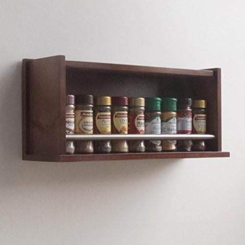 Wooden Spice Rack – Enclosed Top – 1 Tier – Stainless Steel Bar – 18 Herb and Spice Jars