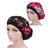 Bonnet Sleeping Cap Night Hat - 2 Packs Floral Women Wide Band Salon Soft Satin Patient Chemo Sleep Slouch Slouchy For Summer silk hair scarf for Long Curly Natural