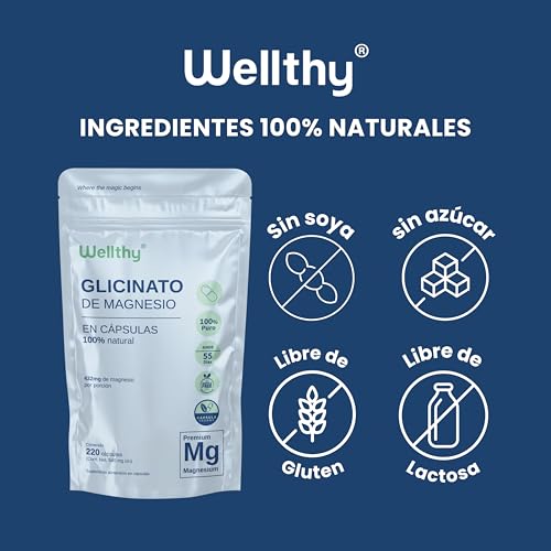 Wellthy Glicinato de Magnesio 220 Cápsulas 432mg. 100% Natural, Alta Absorción, Cápsulas Veganas, Bottle Free.