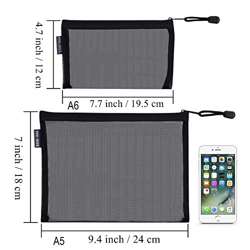 HRX Package Nylon Mesh Cosmetic Zipper Bags, 6PCS Black Makeup Pouches Pen Pencil Organizer Case for Travel Purse Diaper Bag (A5 x 3pcs, A6 x 3pcs)