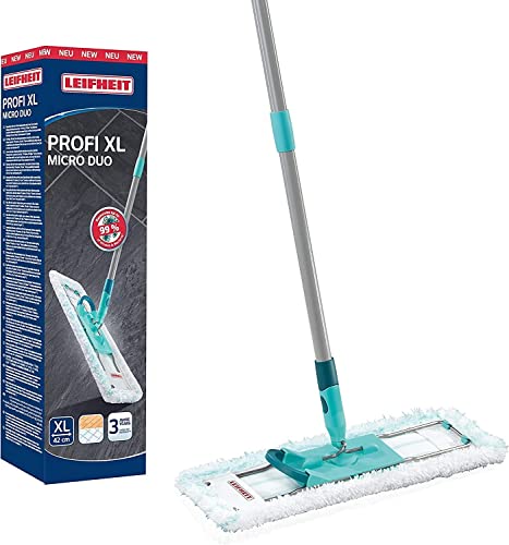 Leifheit rückenschonender Bodenwischer Profi XL Micro Duo, Stahlstiel 146cm, Wischmopp mit Fußklick, Mikrofaser Bezug für Fliesen und Laminat, 360 Grad Drehgelenk, Click-System