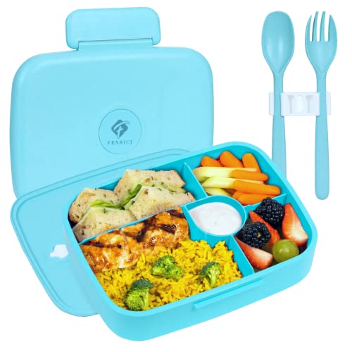 Fenrici Bento Box Lunch Box For Kids and Teens, Made with Wheat Straw, 5 Leakproof Compartments, BPA-Free Bento Box, Microwave and Dishwasher Safe, Pastel Blue, Blue