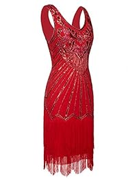 PAREJA DE HADAS Vestido de fiesta de los años 20 con volantes y cuello en V y flecos