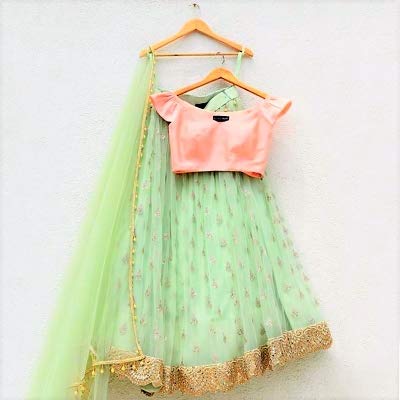 Womens Net Embroidery Work Lehenga Choli (YF-145, Off Green)