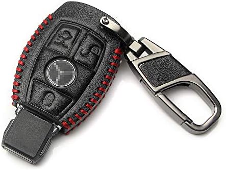 Visongel Keyless Entry auto Smart 3 Button Leather Key Protector FOB Shell car Key case Mercedes W203 W205 W210 W211 W212 W124 Accessories (Black. Red line)