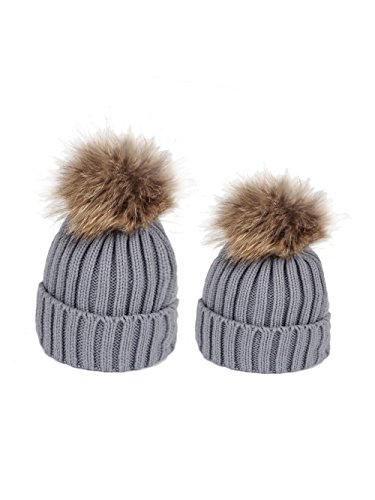 2PCS Mommy and Me Winter Warm Hats Baby Boys Girls Hats Crochet Knit Hairball Beanie Caps (Gray)